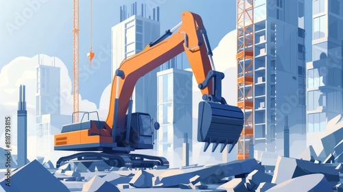 A digital illustration of an orange excavator amidst a construction scene with towering cranes and buildings in development photo