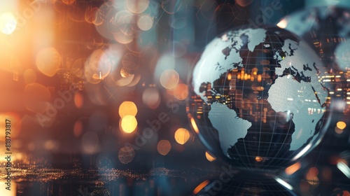 The image features a transparent globe with a digital world network superimposed, illuminated by a dynamic bokeh background suggesting global connectivity