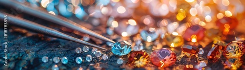 Close-up of colorful gemstones and diamonds with tweezers. Perfect for jewelry, luxury, and gem-themed designs. photo