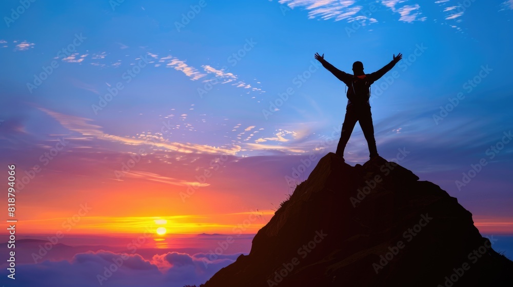 A hiker on top of a mountain at sunset or sunrise, raising his arms, enjoying his climbing success and freedom