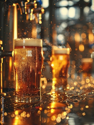 Close-up of frothy beer in a glass on a bar counter with bokeh background lighting, highlighting a warm and inviting atmosphere. photo