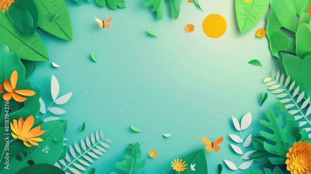 This image features a colorful paper cut design of a floral scene with a sun, butterflies, and various plants This image features a colorful paper cut design of a floral scene with a sun, butterflies, and various plants