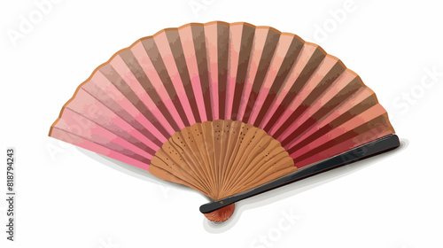 Asian shell-shaped hand fan with wood handle. Japanese