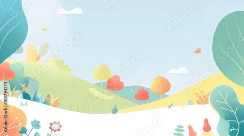 A serene and vibrant cartoon illustration showcasing a scenic landscape with rolling hills, diverse plant life, and a clear sky