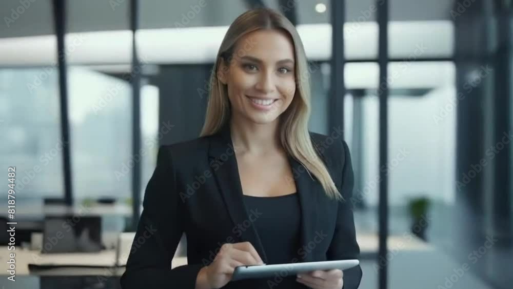 A person in a business suit holding a tablet, standing in an office environment with large windows and modern design A person in a business suit holding a tablet, standing in an office environment with large windows and modern design
