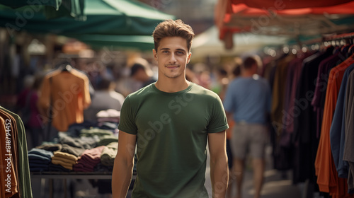 Sophisticated Man in Green T-shirt at Outdoor Market with Colorful Stalls © Flash Studios