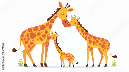 Giraffe family. Mother animal feeding cute funny litt