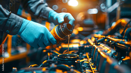 Automotive technician refilling engine oil photo