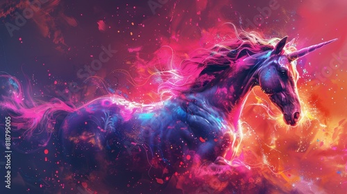 A majestic purple unicorn with a flowing mane and tail stands in a field of pink and purple flowers. The unicorn is surrounded by a soft, glowing light. photo