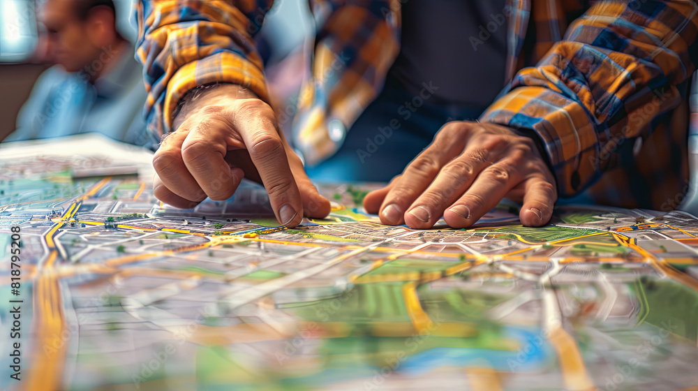 Close up shot of two men working on a map in a city Close up shot of two men working on a map in a city