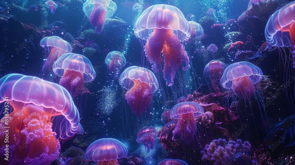 Glowing jellyfish illuminate the deep blue sea. Glowing jellyfish illuminate the deep blue sea.