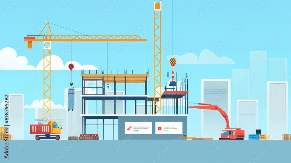 Detailed vector illustration of a construction site with cranes, buildings, and construction equipment Detailed vector illustration of a construction site with cranes, buildings, and construction equipment