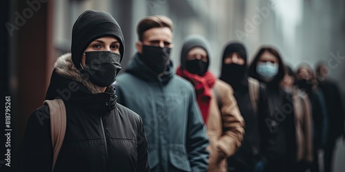 A gathering of individuals stands in a queue outside a shop, all donning masks.