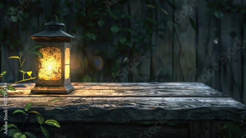 A lantern shines brightly on a wooden table