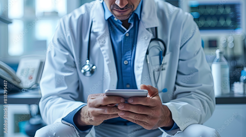 Close-up of a doctor using a mobile phone in a hospital Close-up of a doctor using a mobile phone in a hospital