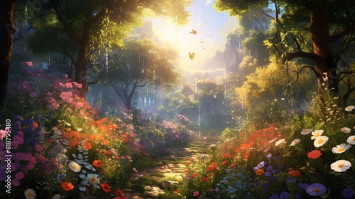 Sunlit garden bursting with colorful blooms in warm sunlight