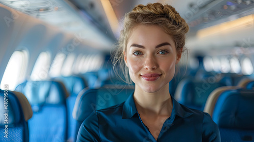 Portrait of a young business woman on the background of the plane. photo