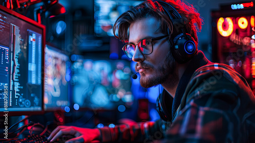 Portrait of a professional gamer with headphones playing a video game in a cyber club.