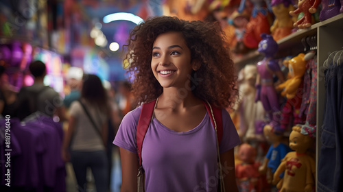 Pretty Woman Wearing Purple T-shirt in Toy Market with Vivid Background