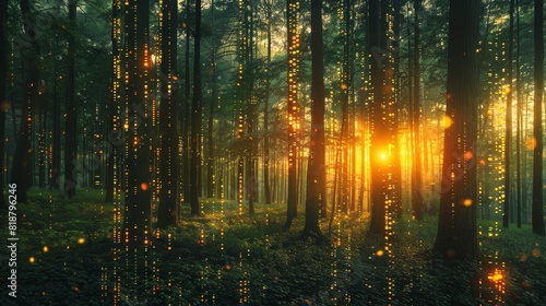 The sun shines through the tall trees in the forest, creating a magical atmosphere.