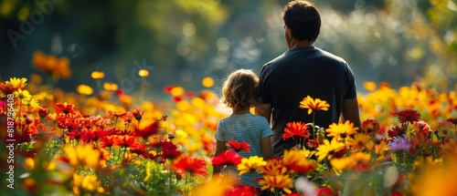 Father and daughter enjoy gardening with colorful flowers, creating a cheerful atmosphere
