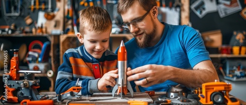 Father and son building a model rocket in the garage with tools