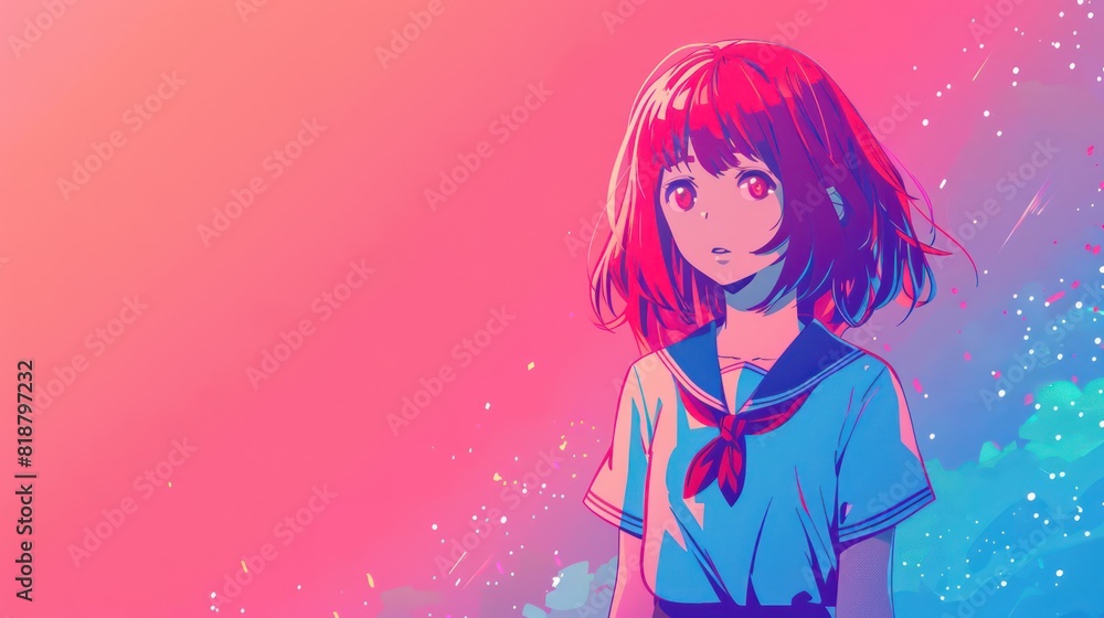 A colorful illustration of an anime-style girl with short hair against a bright pink and blue backdrop, with splashes of white A colorful illustration of an anime-style girl with short hair against a bright pink and blue backdrop, with splashes of white