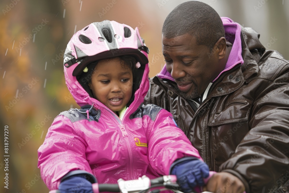 A father is teaching his daughter how to ride a bike in a park setting A father is teaching his daughter how to ride a bike in a park setting