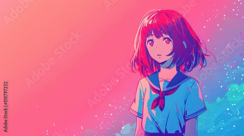 A colorful illustration of an anime-style girl with short hair against a bright pink and blue backdrop  with splashes of white