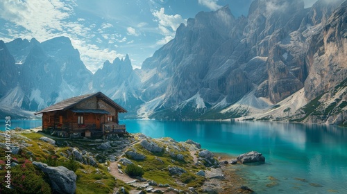 Scenic mountain shelter on the shore of dolomites lake, italy, europe - picturesque alpine landscape