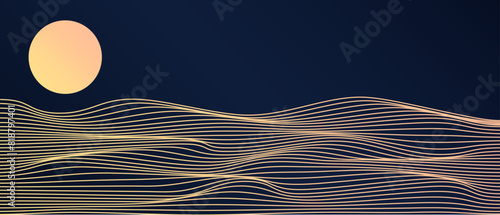 Abstract art mountain landscape with glowing lines waves pattern and sun isolated on dark blue background. Vector illustration