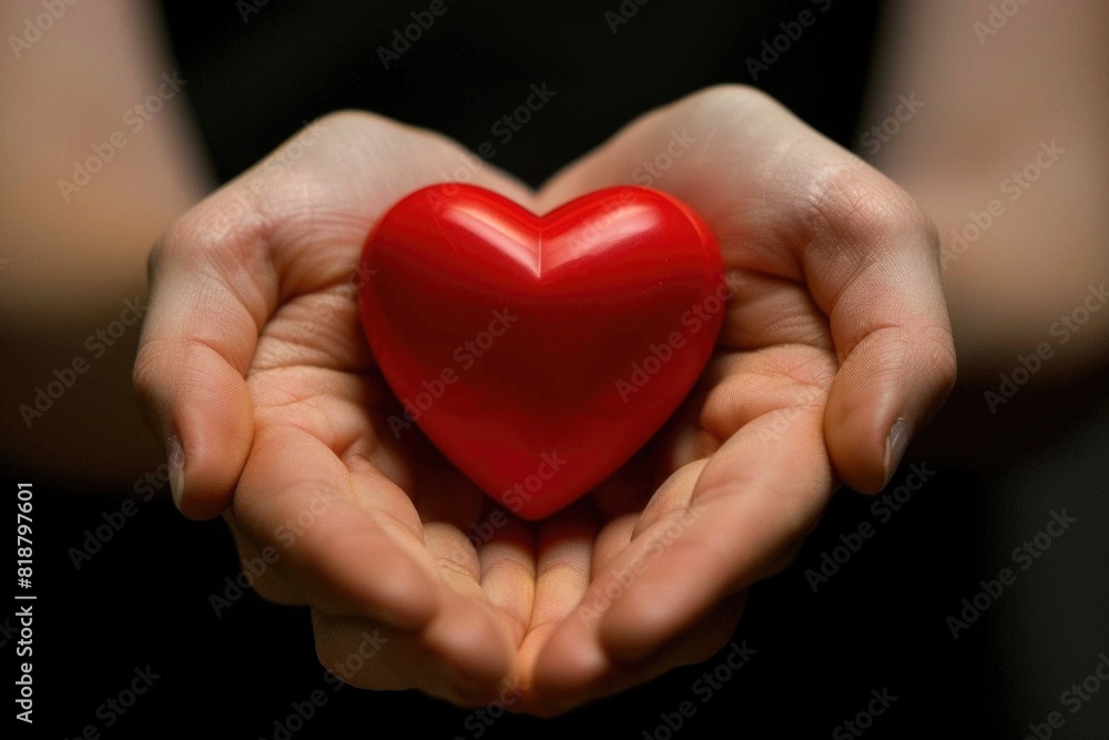 A pair of human hands gently cradling a vibrant red heart symbol.