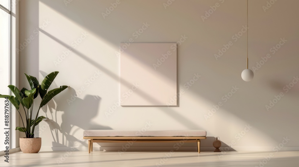 A serene living room with a blank wall art piece, sunlight casting shadows, and a potted plant on the side A serene living room with a blank wall art piece, sunlight casting shadows, and a potted plant on the side