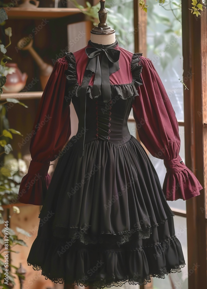A black and red dress with ruffles.