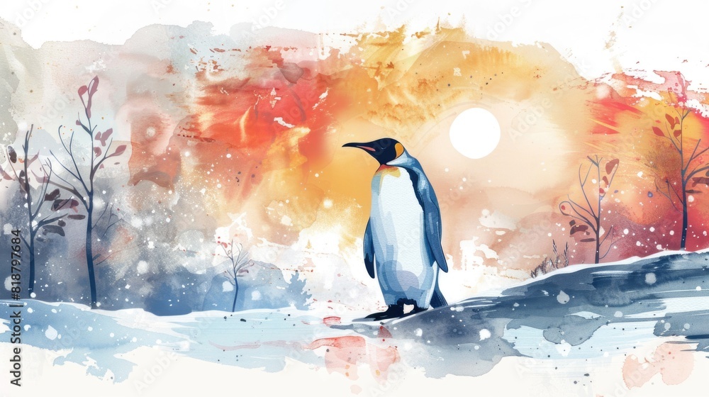 Fototapeta premium A penguin in nature in watercolor art style
