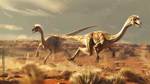 Fototapeta Naklejka Na Ścianę i Meble -  A pair of gallimimus dinosaurs sprinting across a desert.