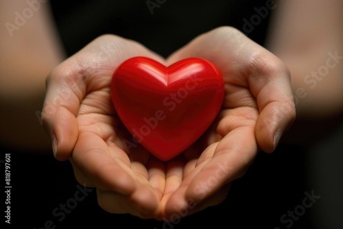 A pair of human hands gently cradling a vibrant red heart symbol.