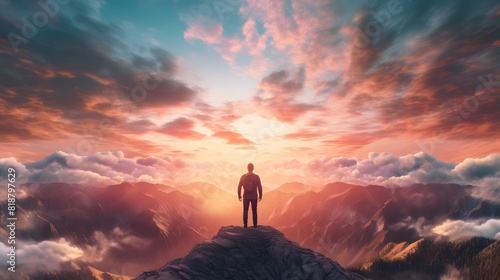 A person standing on top of a mountain at sunset. Generative AI.