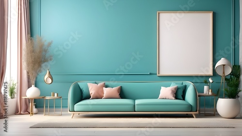 imaginative interior design. Large blank frame in abstract turquoise with furniture decor on it. A banner template for showcasing a product. Living, office, and gallery mock-ups photo
