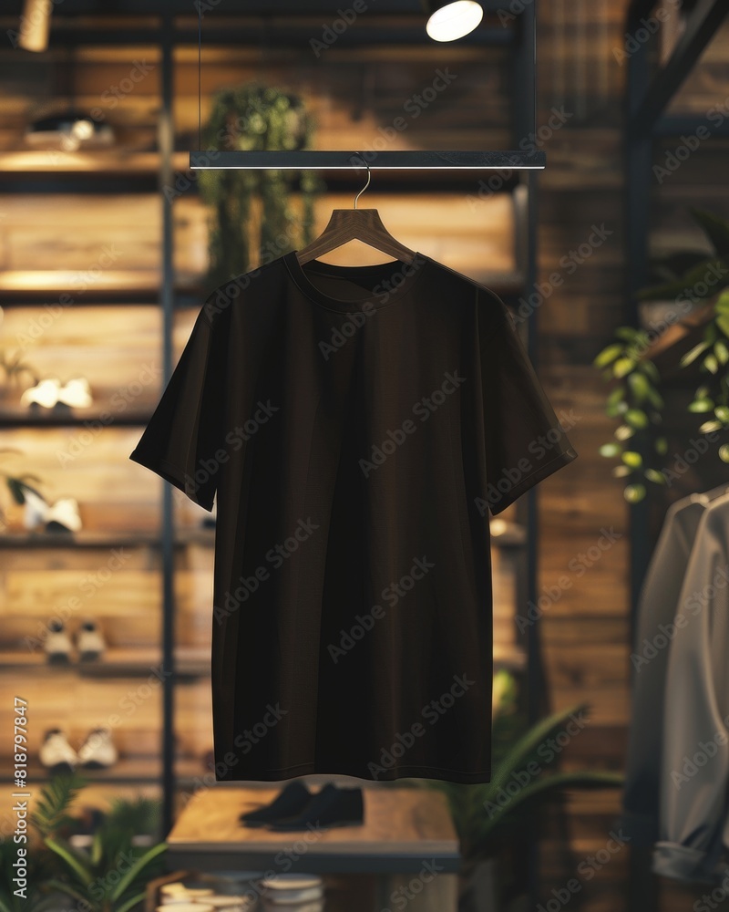 A black t-shirt hangs on a wooden hanger against a stylish, contemporary backdrop with warm lighting and plants A black t-shirt hangs on a wooden hanger against a stylish, contemporary backdrop with warm lighting and plants