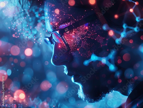 Silhouette of a man in glasses with a colorful neural network overlay, representing futuristic technology and artificial intelligence.