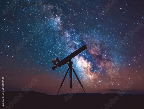 Silhouette of a telescope against a stunning night sky filled with stars and the Milky Way galaxy, perfect for astronomy enthusiasts and skywatchers. photo