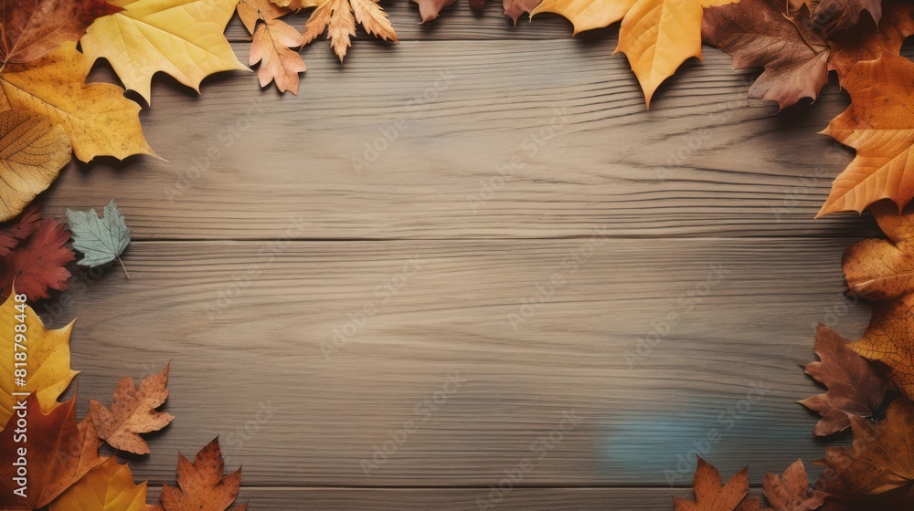 Obraz premium A rustic wooden table with a frame of autumn leaves scattered around it.