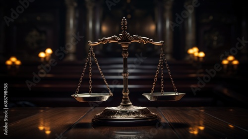 Scales of Justice in a dimly lit courtroom.