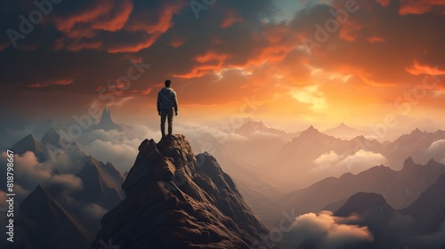 A person standing on top of a mountain at sunset. Generative AI.