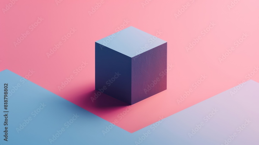A single cube centrally positioned where the surfaces meet two different colored backgrounds A single cube centrally positioned where the surfaces meet two different colored backgrounds