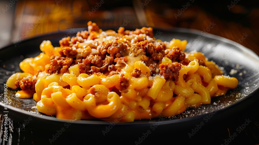 A black plate with macaroni and meat sauce. A black plate with macaroni and meat sauce.