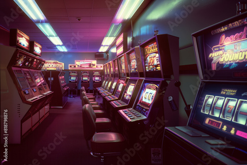 Dark purple retro room with slot machines. Big win and excitement. Job ID: 217dab2e-aae4-4f40-8659-878b99ccd05b
