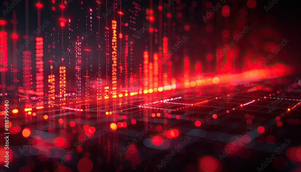 Abstract digital background in red tones with glowing lines and data points, representing technology, data analysis, and futuristic visuals.