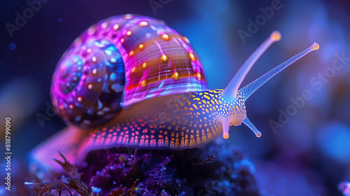 Macro photography of a sea snail in vibrant neon colors